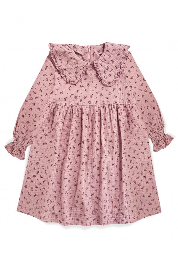 Muslin dress with collar and ruffles on the sleeves pink floral print 0005_F25134