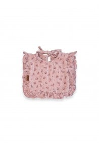 Bib baby with a ruffle pink floral print muslin