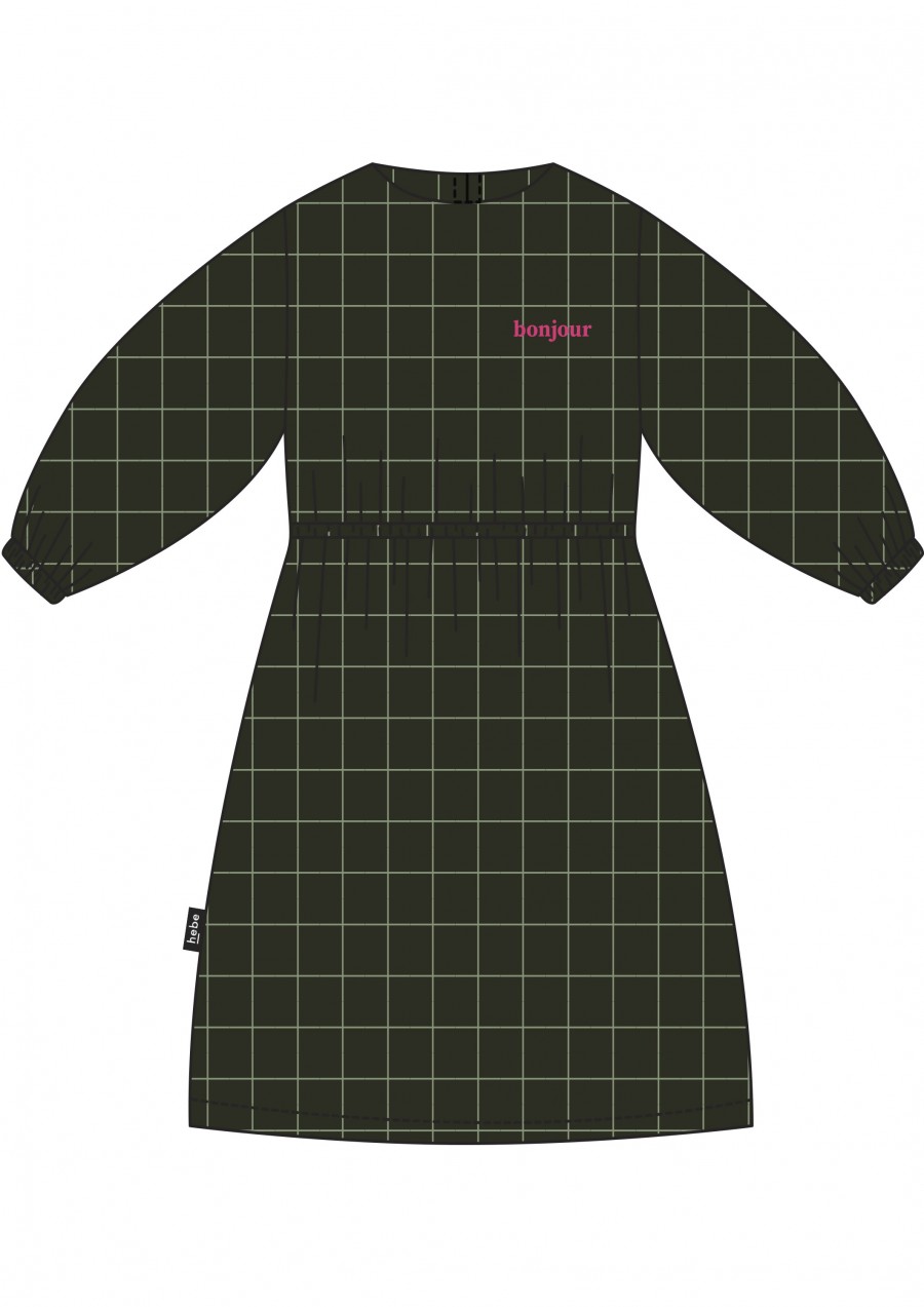 Dress green checkered with embroidrey bonjour for female FW21105