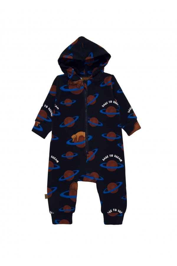 Hooded romper with allover planet print FW24054