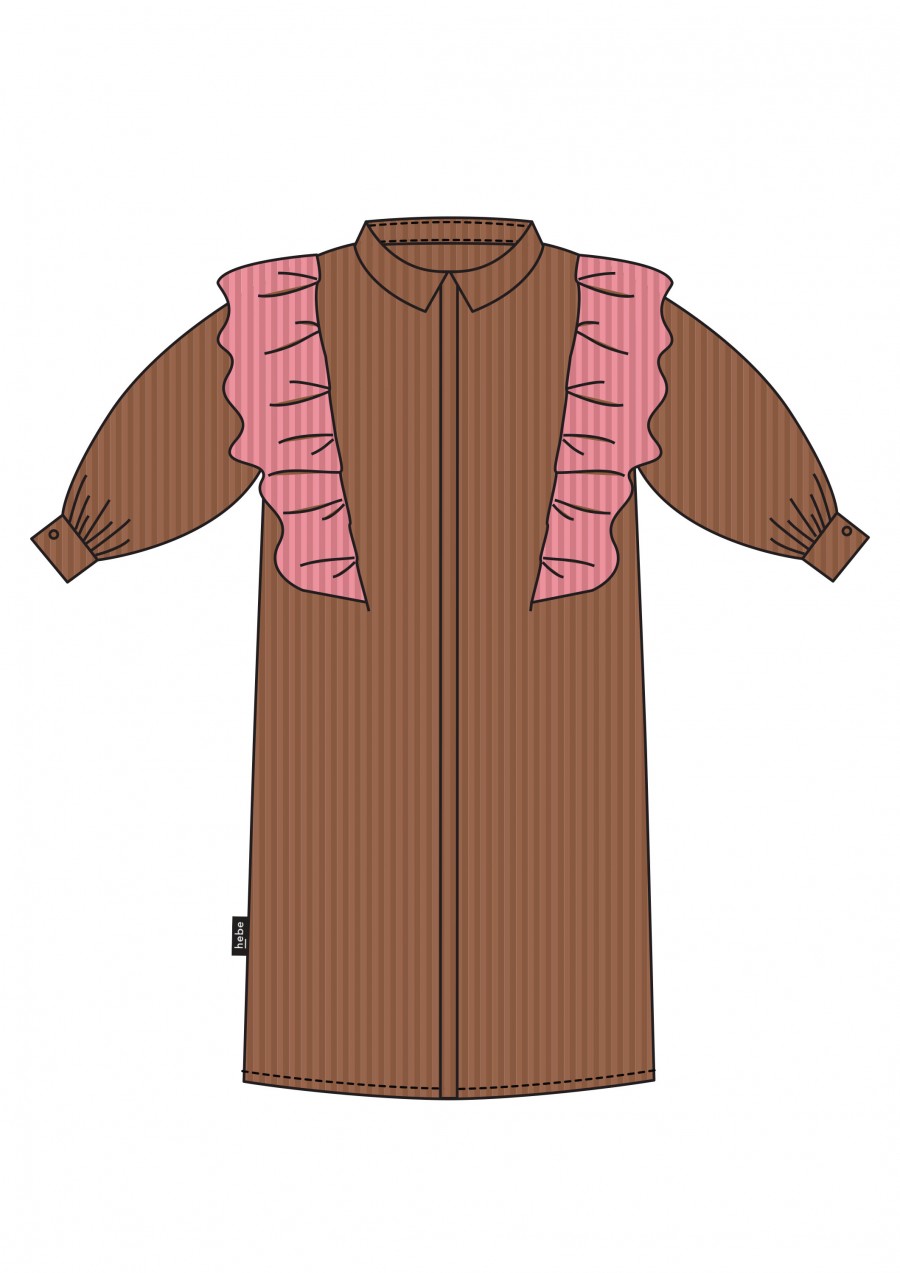 Shirt dress corduroy brown with pink ruffle FW21147