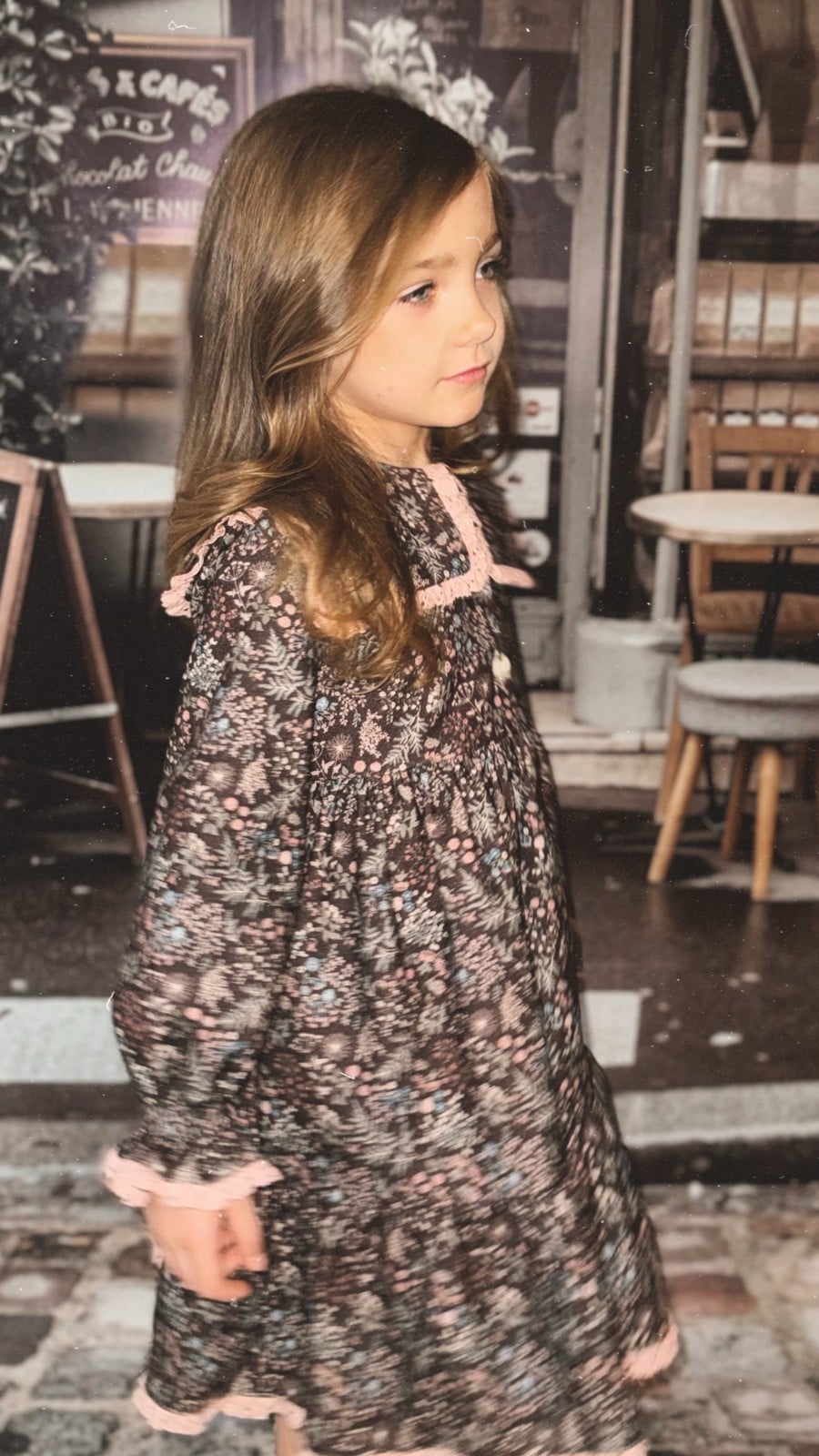 Cotton twill dress with a collar and ruffles bordo flowers print 0293_F25115