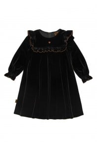 Dress black festive velvet with ruffles and heart embroidery