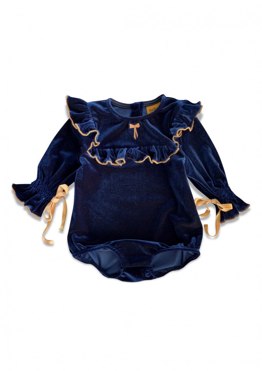 Romper navy blue velvet with bows and embroidery 0203_F25209