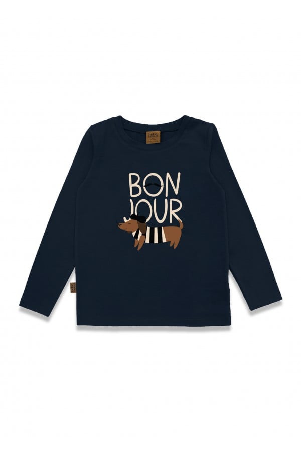 Top with placment print BONJOUR dog navy blue 0108_F25219