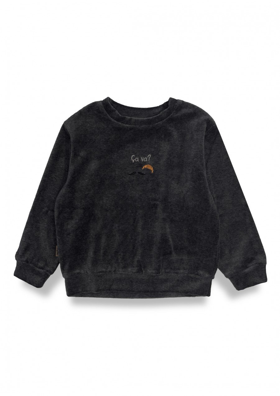 Velvet sweater with Ça va? embroidery grey 0074_F25190