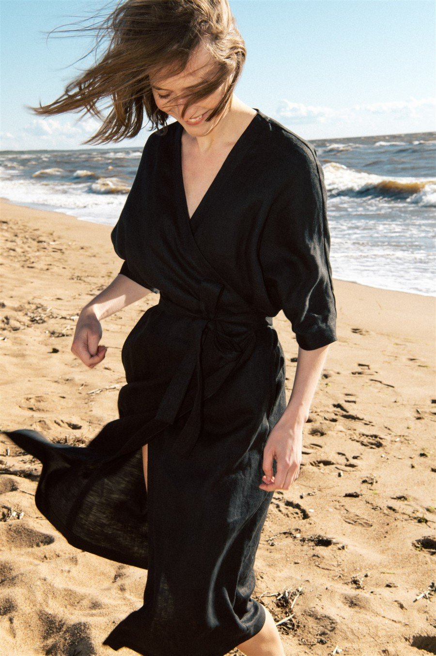 Wrap dress black linen for female SS23361