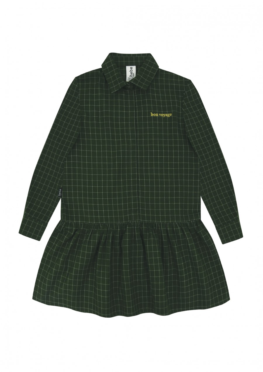 Dress green checkered with frill and embroidrey bonjour FW21101