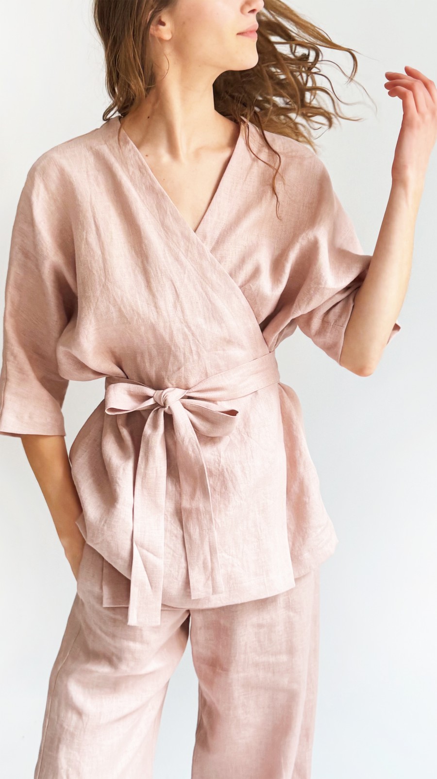 Wrap blouse pink linen 0361_S25381