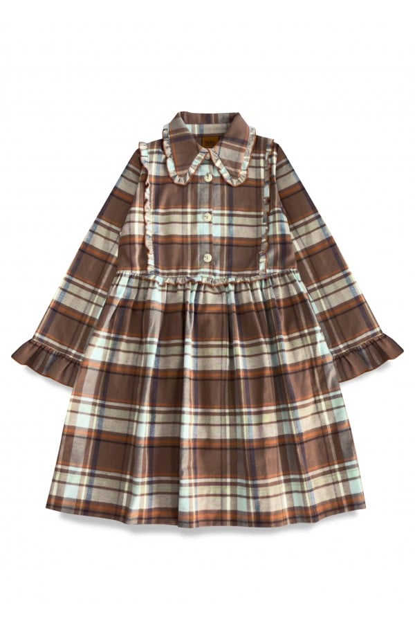 Dress flanel with ruffles and collar  brown/blue checkers 0325_F25099