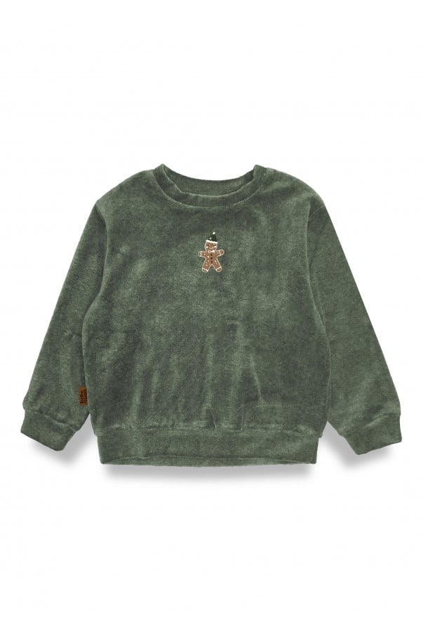 Sweater green velvet with with Gingerman embroidery 0074_F25243