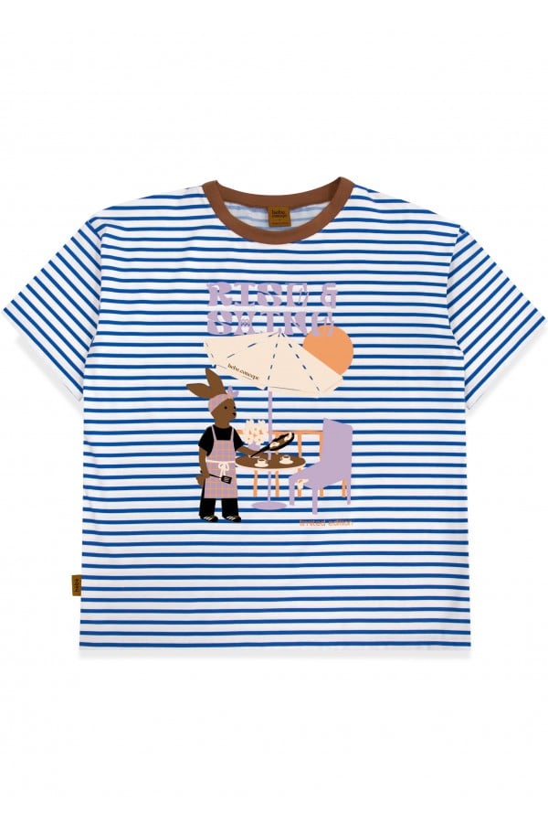 Top off-white with blue stripes and Rise & Shine print for female