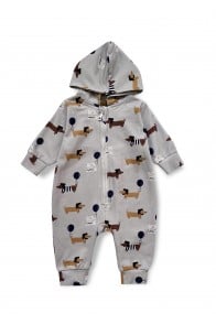 Romper with hood and a zipper in front with all-over dog print