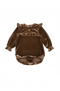 Body romper brown festive velvet with ruffles and heart embroidery