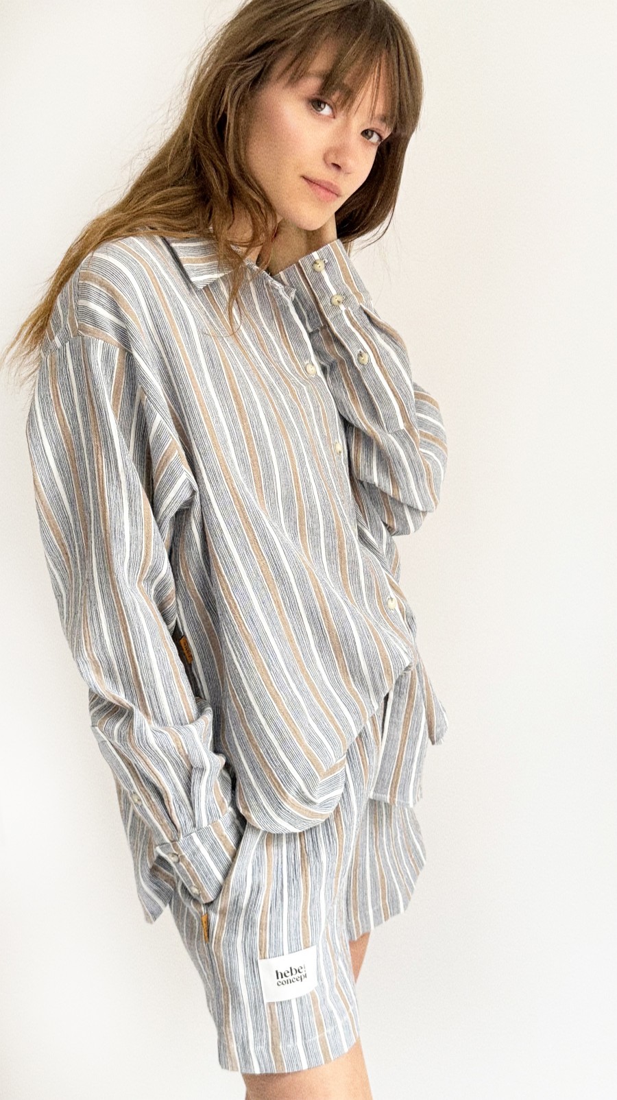 Shirt with blue and taupe stripes for female 0086_S25275