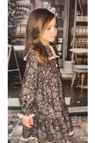 Cotton twill dress with a collar and ruffles bordo flowers print