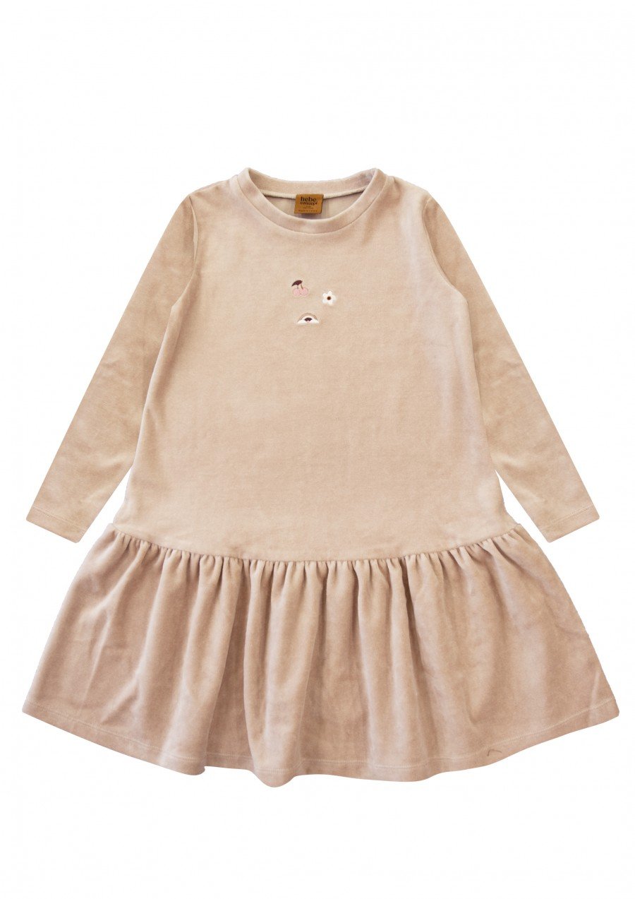 Kids dress beige velvet with emroidery AY24007