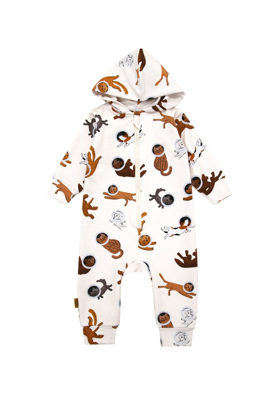 Hooded romper with allover cat and dog print FW24035