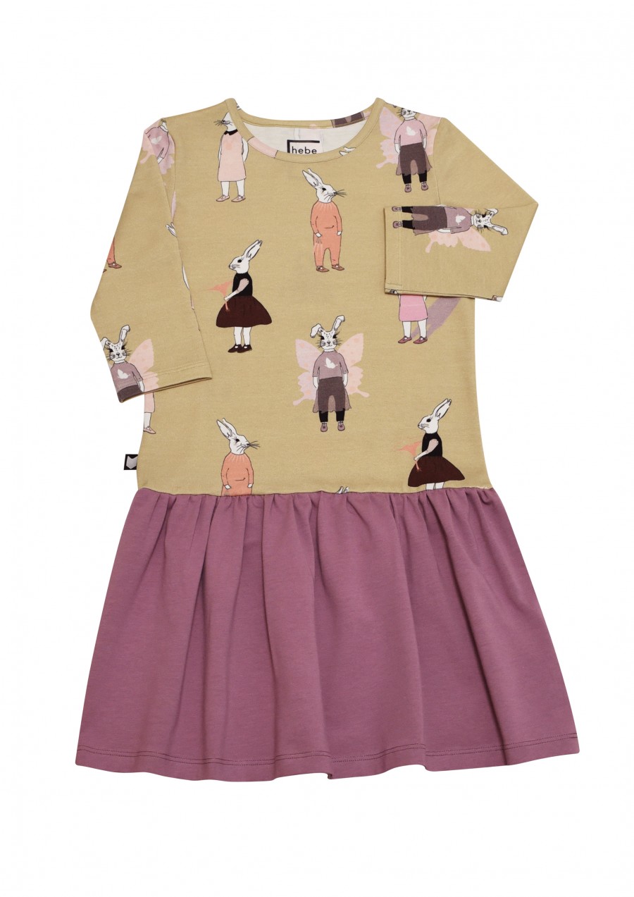 Dress light mustard with bunny print and purple ruffle FW19032L