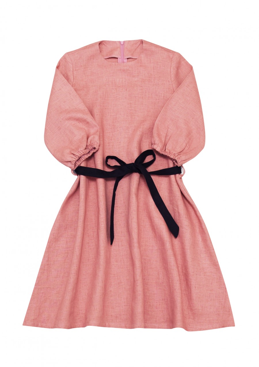 Dress pink linen with belt SS19080
