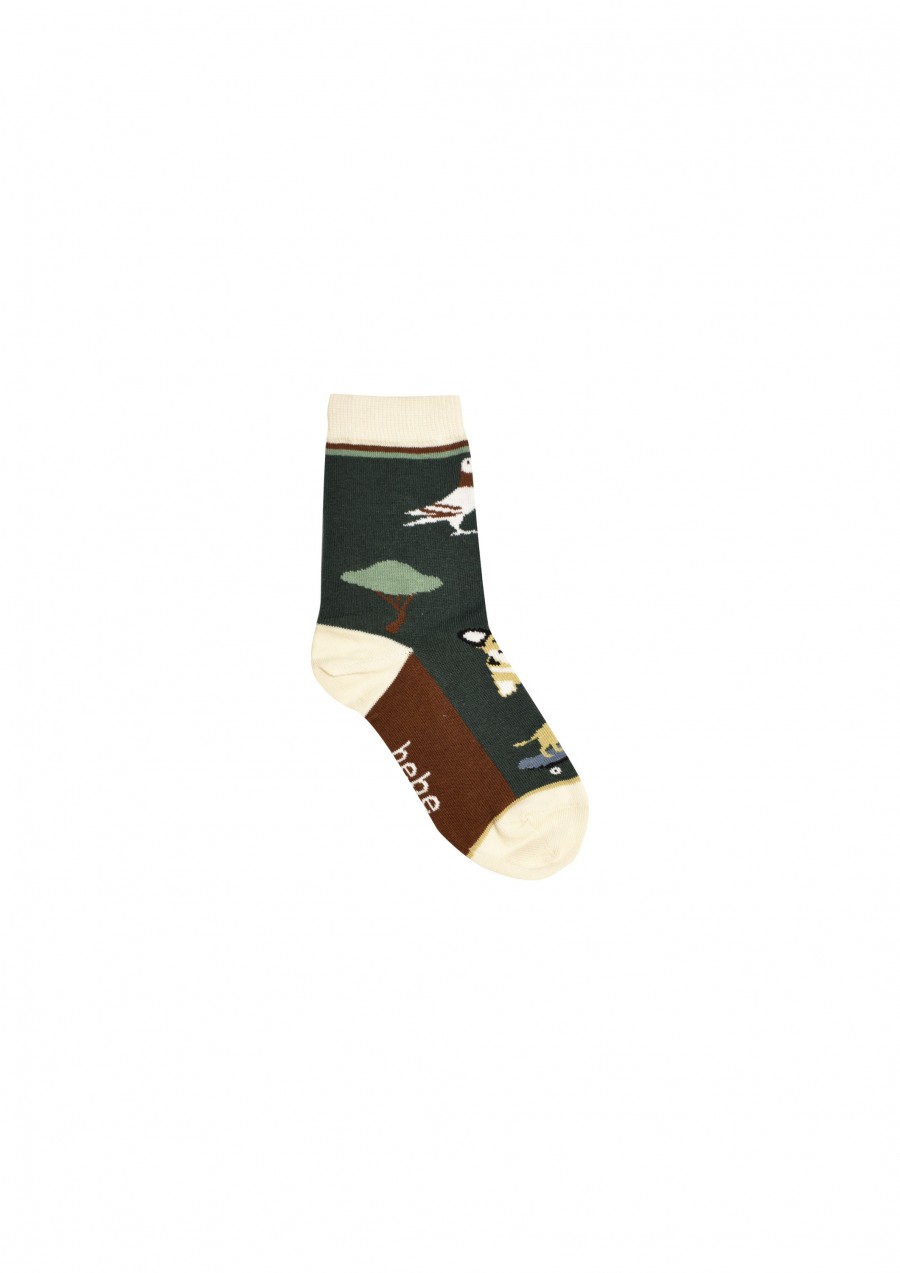 Socks dark green with dogs, bicycle, and bird FW21474