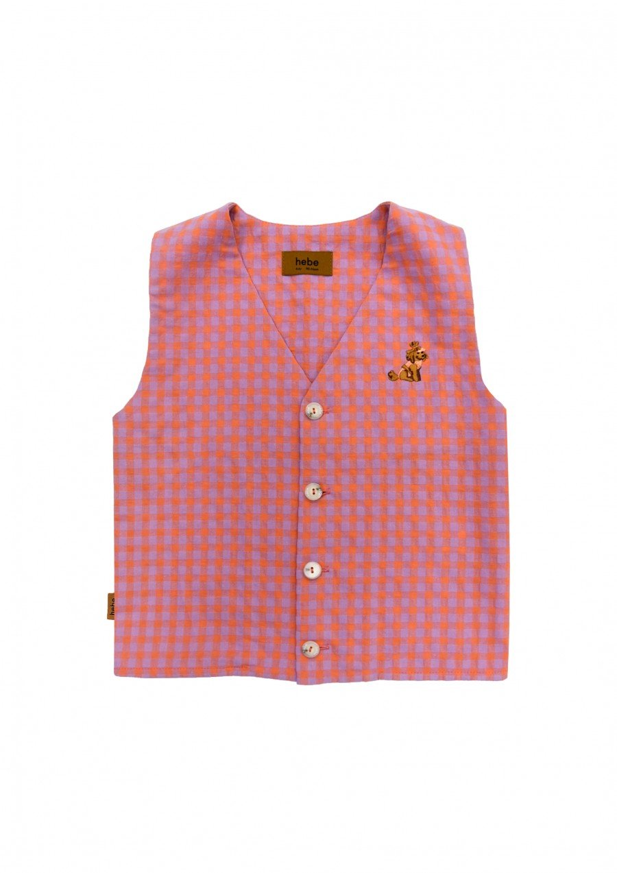 Vest cotton with pink check and embroidery SS24193