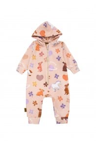 Hooded romper with allover unicorn print