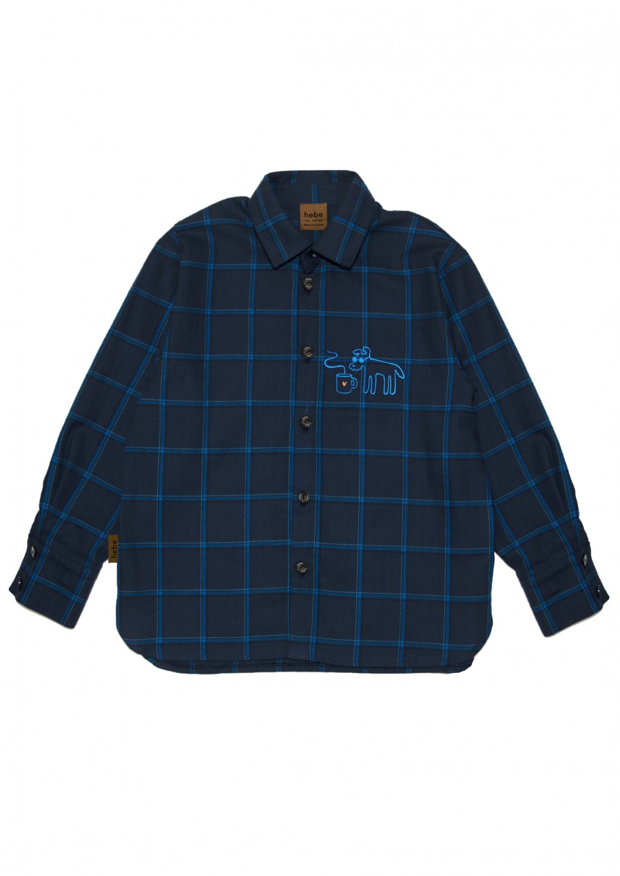 Shirt cozy flanel dark blue chackered with embroidery WINTER2310