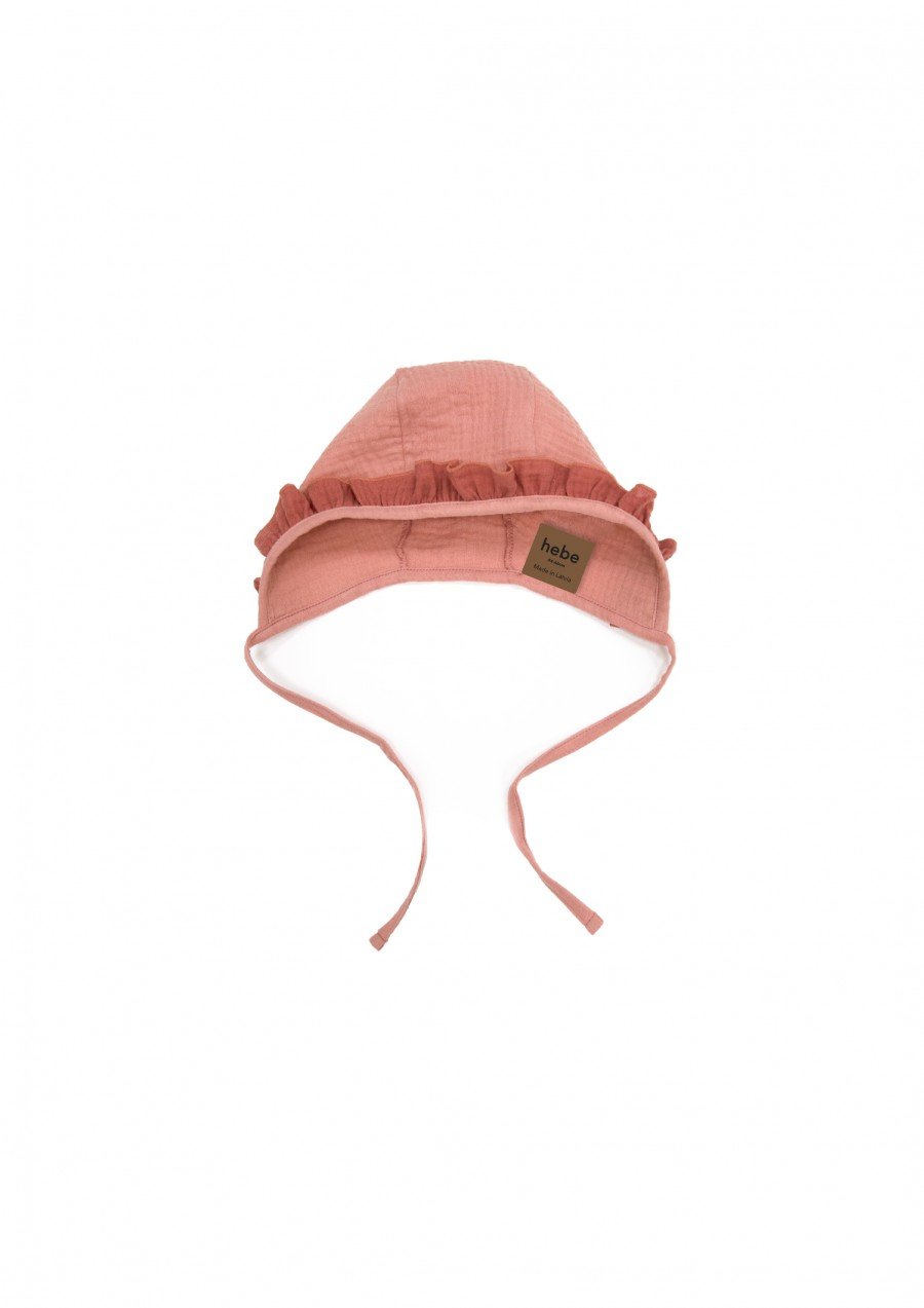 Hat for newborns pink muslin with ruffle FW23268