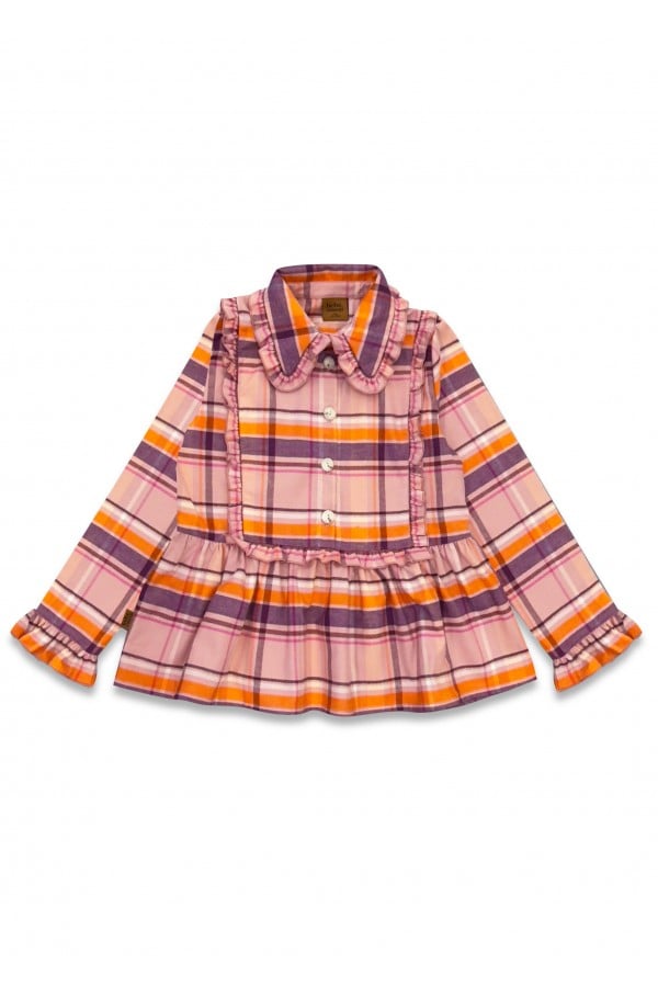 Blouse flannel with a collar and ruffles pink/peach checkers 0326_F25135