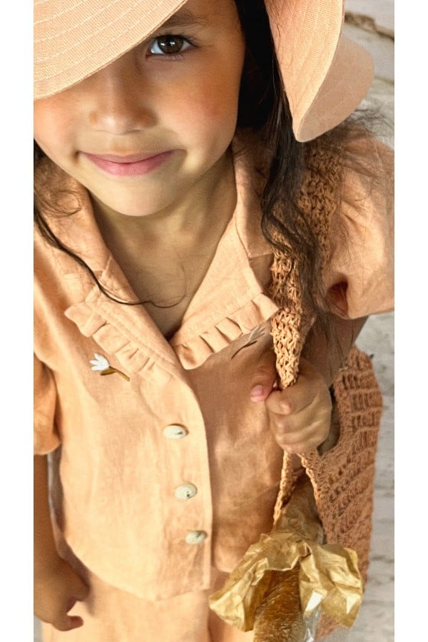 Blouse with embroideries flowers in peach color linen 0124_S25016