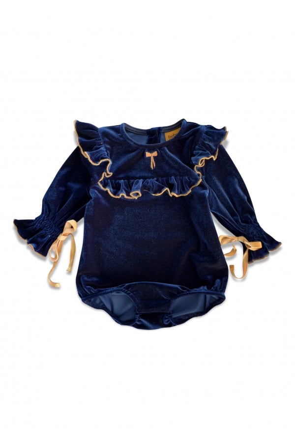 Romper navy blue velvet with bows and embroidery 0203_F25209