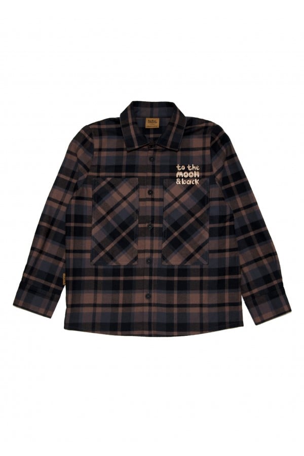 Shirt brown checkered flanel with embroidery FW24155