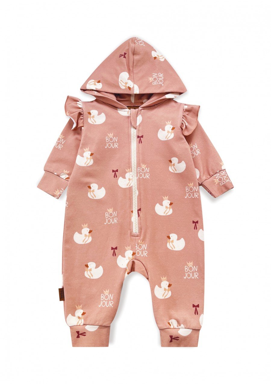 Romper with hood and a zipper in front with all-over duck print 0315_F25157 Romper with hood and a zipper in front with all-over duck print 0315_F25157
