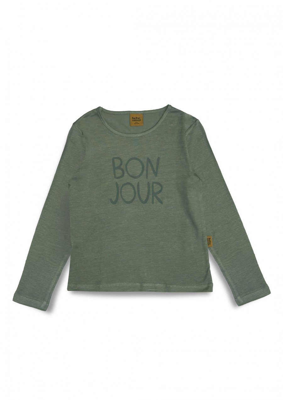 Top with BONJOUR placment print olive green 0108_F25282