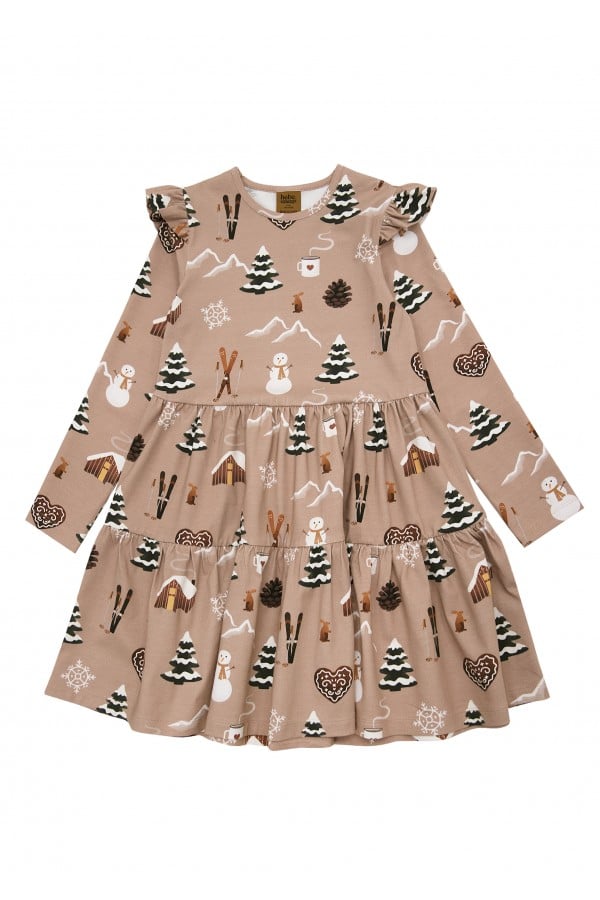 Dress with allover Winter cosy print and frills and ruffles FW24172