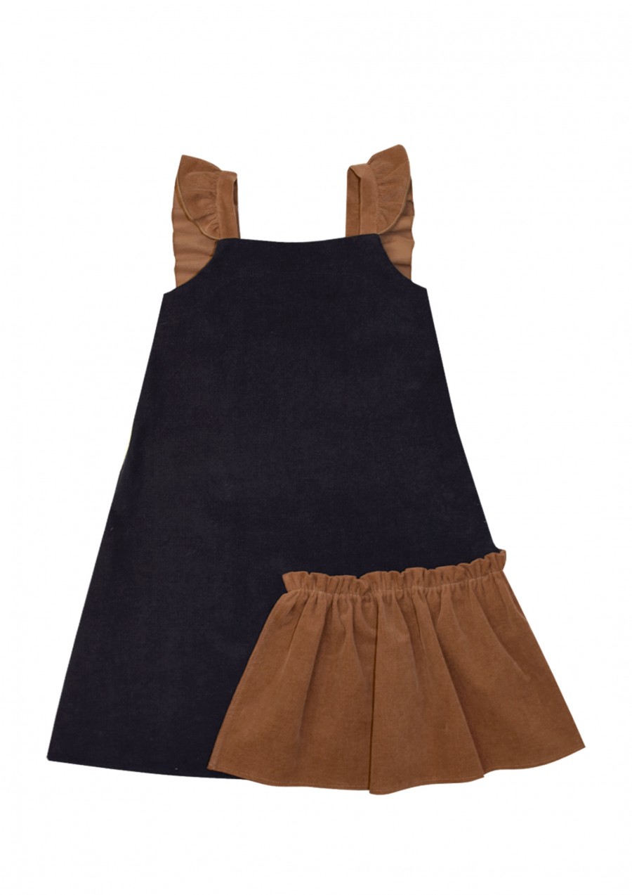 Dress corduroy dark blue with brown ruffle FW21144L
