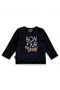 Top with snap buttons on the neck and placment print BONJOUR dog navy blue