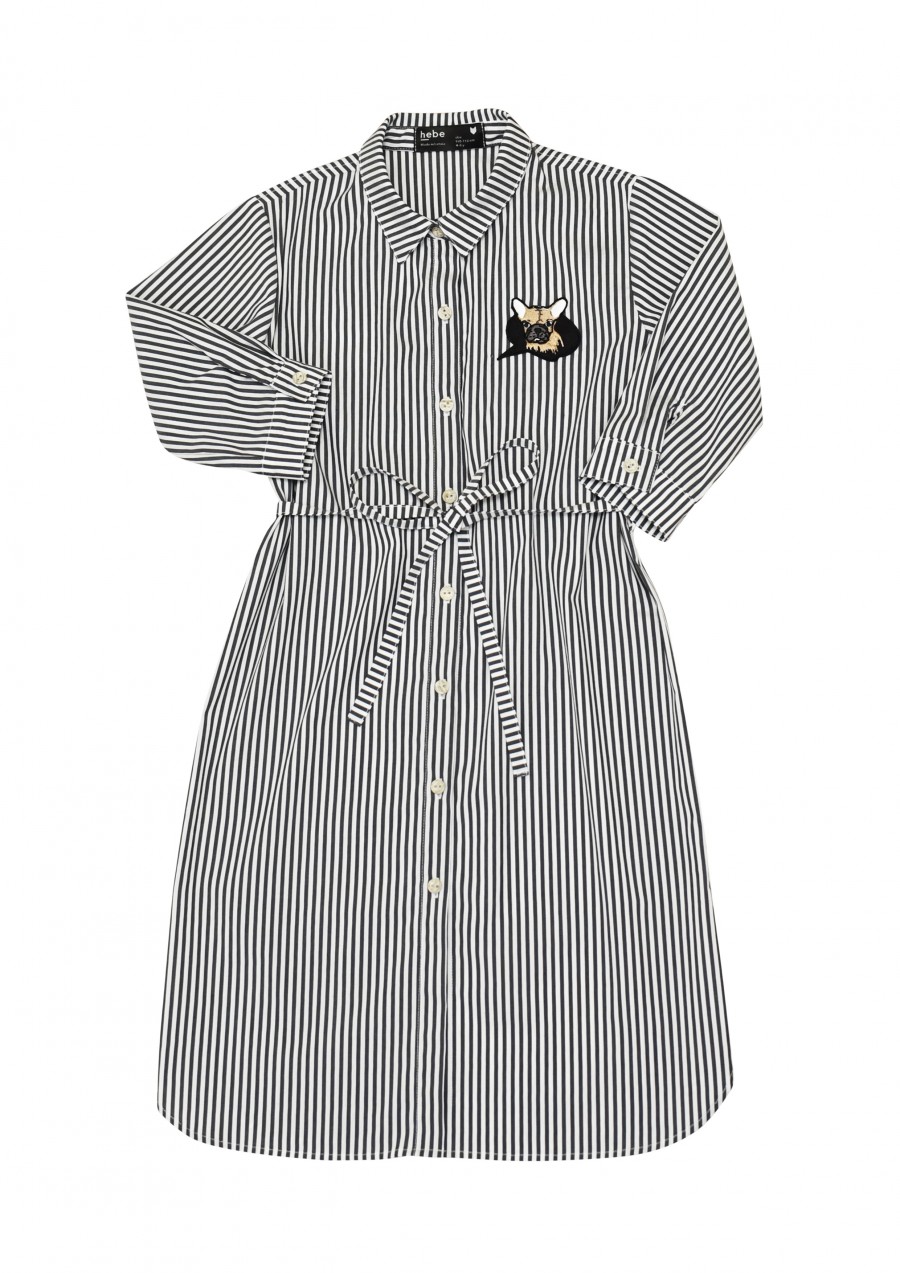 Shirt dress with black stripes and dog embroidery SS19004