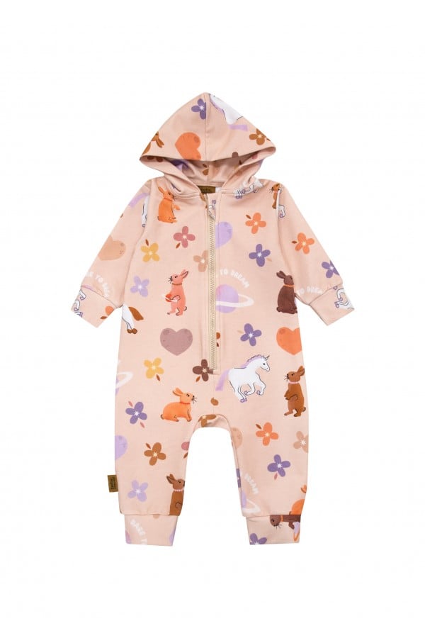 Hooded romper with allover unicorn print FW24120