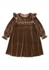 Dress brown festive velvet with ruffles and heart embroidery FW24149