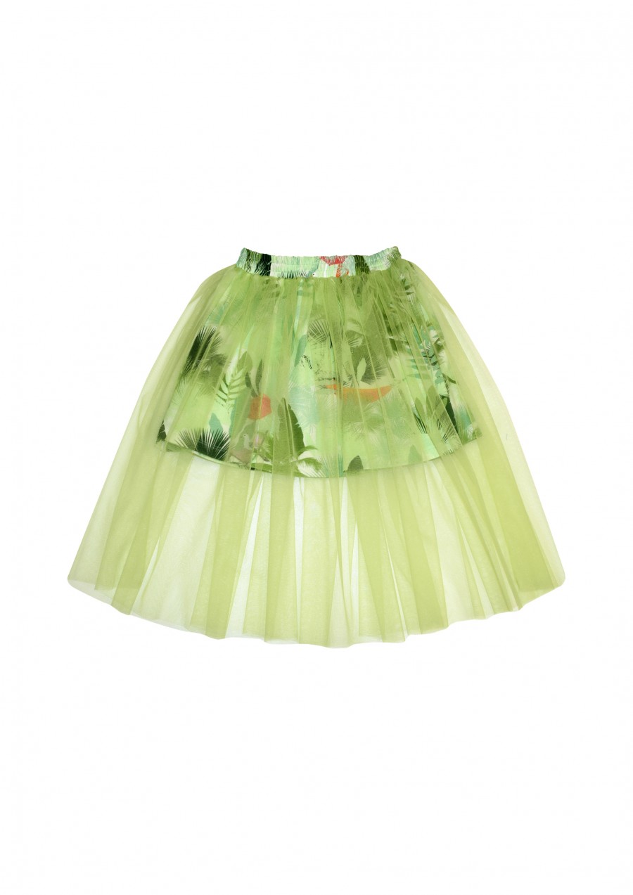 Skirt with tulle and green palm print SS21041