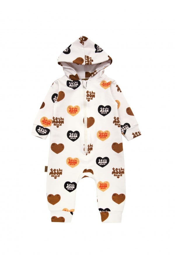 Hooded romper with overall big heart print FW24083