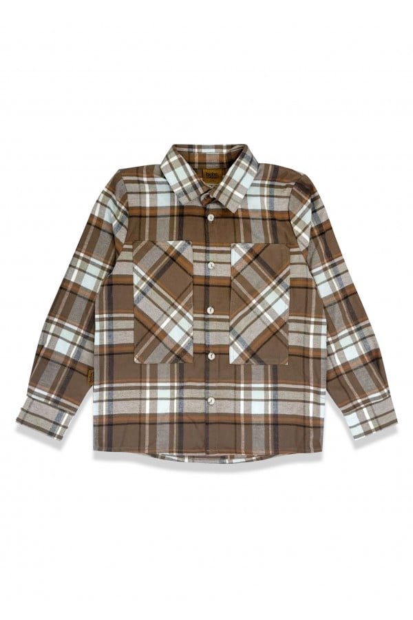 Shirt flanel with long sleeves, buttons and pockets brown/blue checkers 0301_F25097