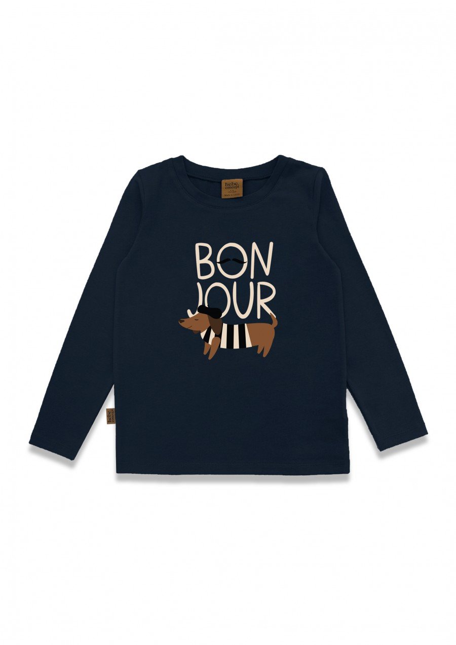 Top with placment print BONJOUR dog navy blue 0108_F25219