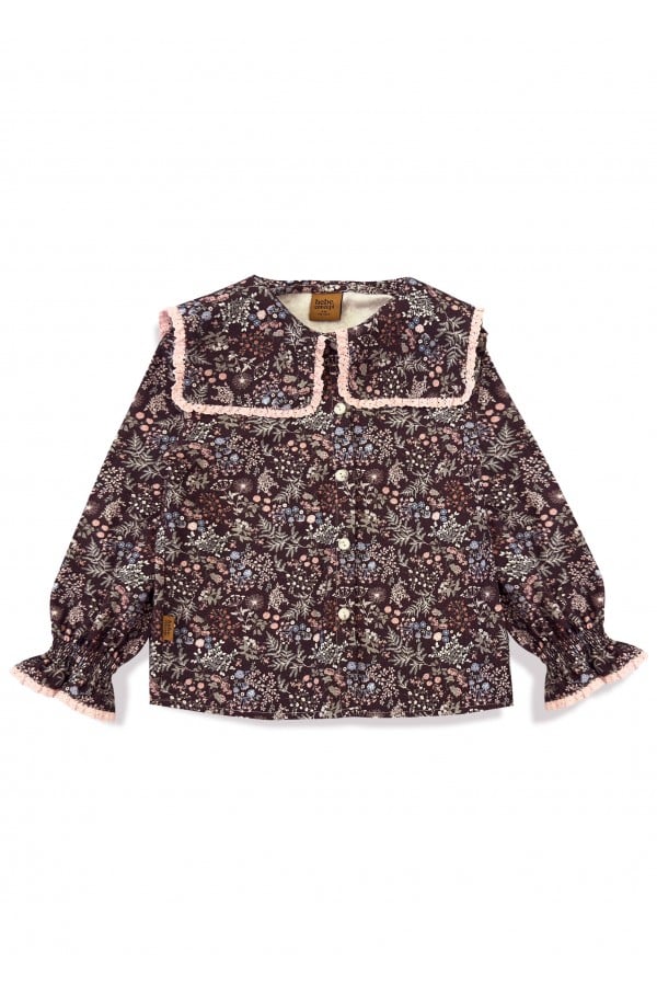 Cotton twill blouse with a ruffles bordo flowers print 0321_F25113