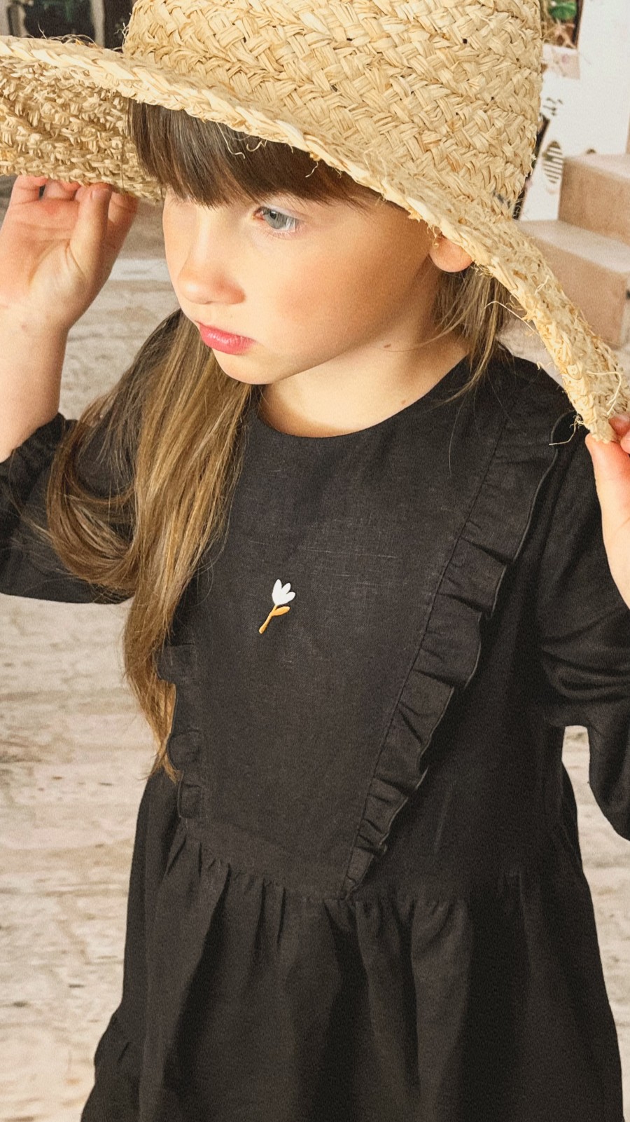 Dress black linen with embroidery 0125_S25286