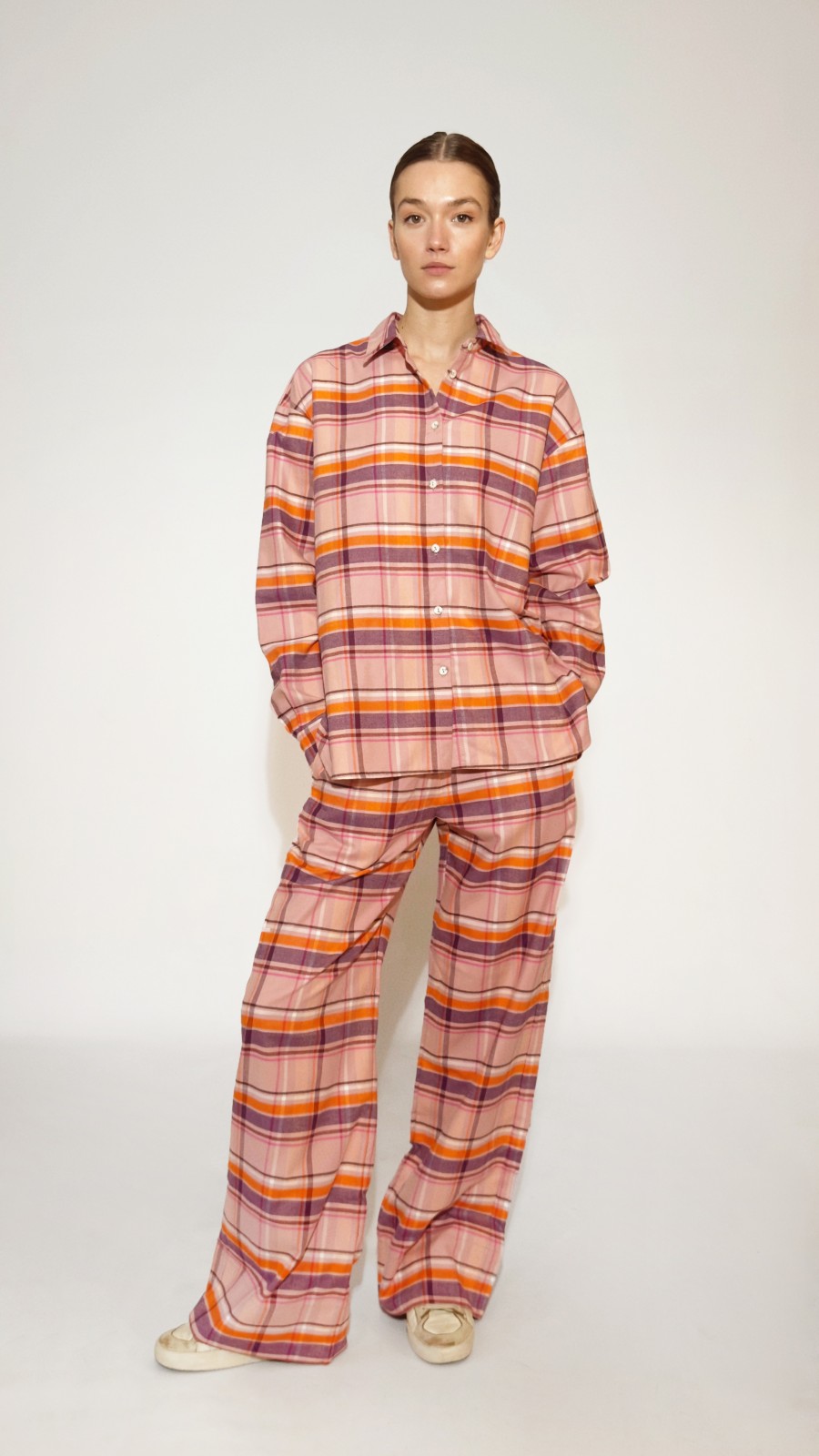 Pink peach checkered pants, long 0049_LM036