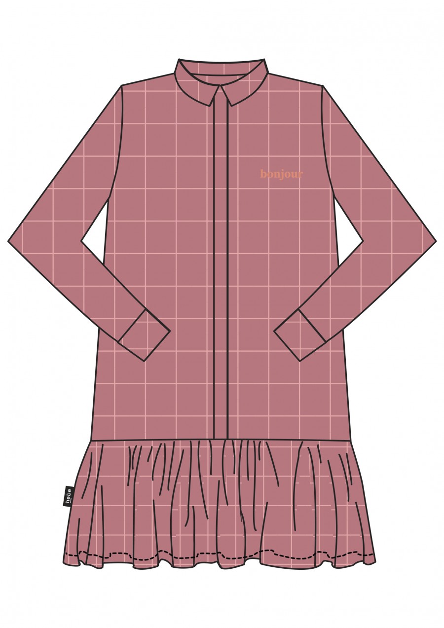 Dress pink checkered with frill and embroidrey bonjour for female FW21083