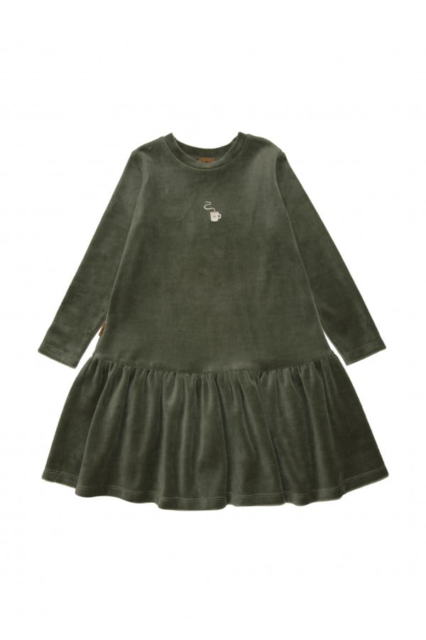 Dress green cotton velvet with Hot Cacao embroidery FW24175